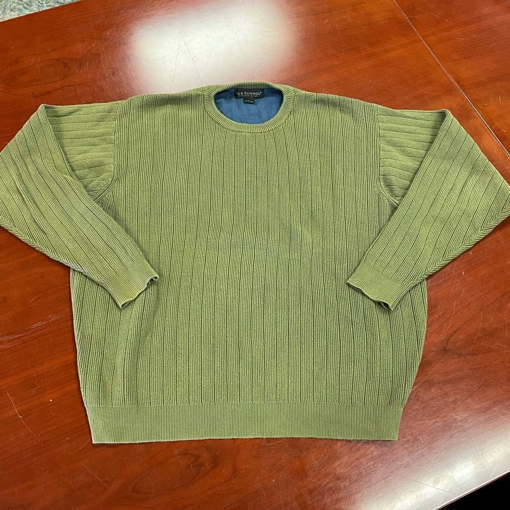 Old School Olive Knit Crew Neck Sweater sz L EUC